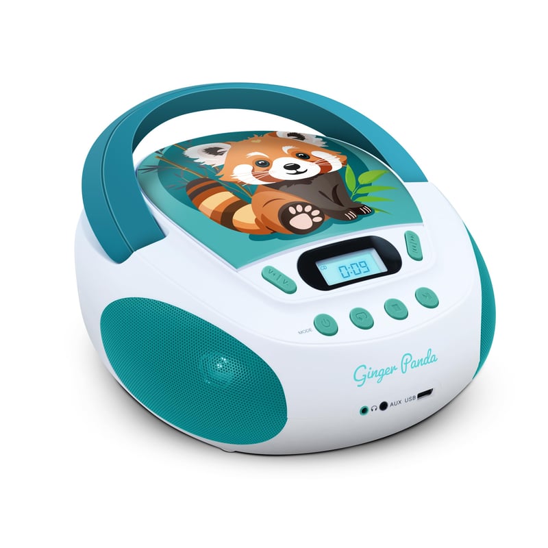 mooov 477414 Detský CD prehrávač Panda MP3 a USB port – AUX-in – konektor na slúchadlá – prenosná stanica s rukoväťou – napájanie zo siete alebo na batérie