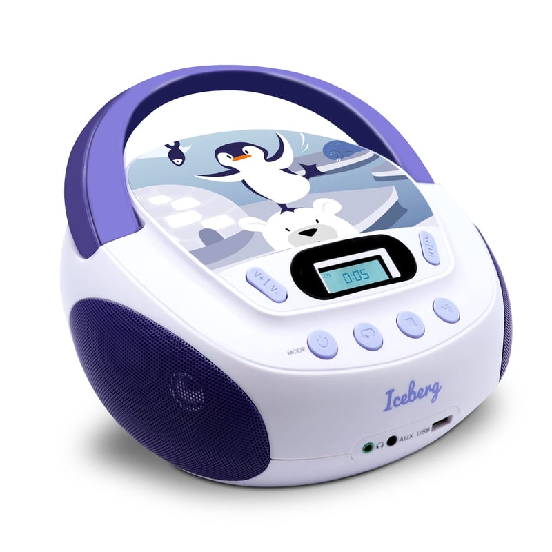 CD MP3 player pentru copii MOOOV Iceberg 477179 cu port USB, intrare AUX și ieșire pentru căști, portabil, violet-alb