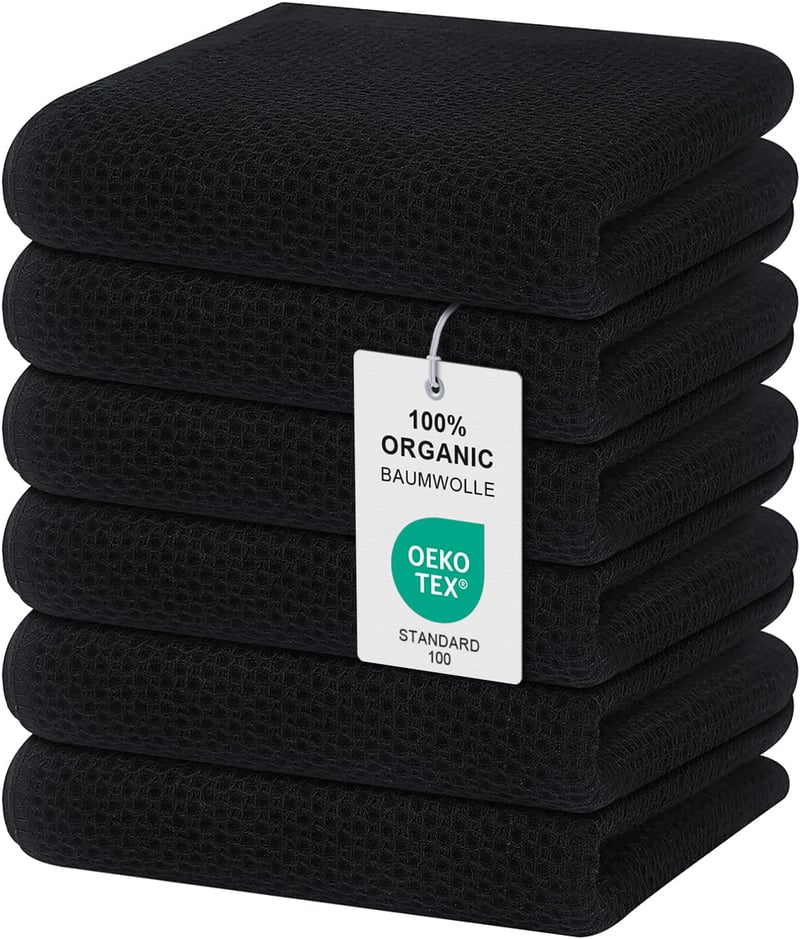 Kuchynské utierky Moosfor, 100 % bavlna, 6 ks, 32 x 72 cm, mäkké a savé, prémiové utierky na riad, čistiace utierky, čierne