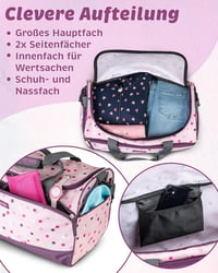Moovly Geantă sport pentru copii 25L - Sac de gimnastică cu compartiment pentru pantofi și buzunar pentru apă, geantă de voiaj roz-violet cu buline, cu bretea de umăr ajustabilă. 5
