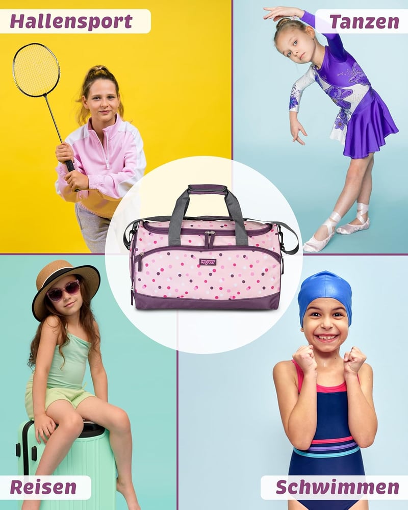Moovly Geantă sport pentru copii 25L - Sac de gimnastică cu compartiment pentru pantofi și buzunar pentru apă, geantă de voiaj roz-violet cu buline, cu bretea de umăr ajustabilă.