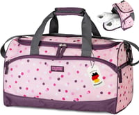 Moovly Geantă sport pentru copii 25L - Sac de gimnastică cu compartiment pentru pantofi și buzunar pentru apă, geantă de voiaj roz-violet cu buline, cu bretea de umăr ajustabilă. 1