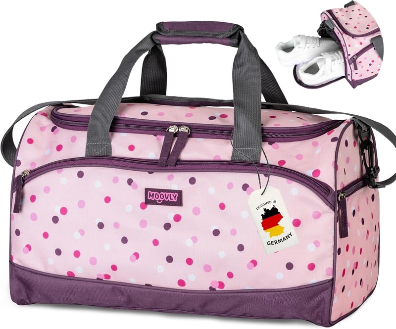 Moovly Geantă sport pentru copii 25L - Sac de gimnastică cu compartiment pentru pantofi și buzunar pentru apă, geantă de voiaj roz-violet cu buline, cu bretea de umăr ajustabilă.