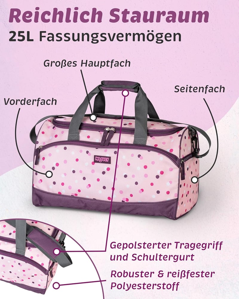 Moovly Geantă sport pentru copii 25L - Sac de gimnastică cu compartiment pentru pantofi și buzunar pentru apă, geantă de voiaj roz-violet cu buline, cu bretea de umăr ajustabilă.