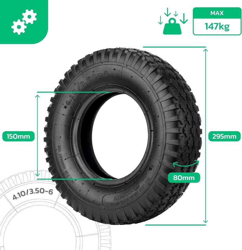 MOOVMOOV Talicska Gumiabroncs 3.50-6 (4.10/3.50-6) Belső Tömlővel - 147 kg Teherbírású Megerősített 4PLY Kerék 8" Felnihez - Univerzális Ker