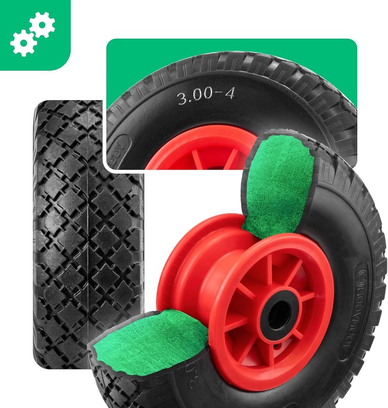 MOOVMOOV Törhetetlén Molnárkocsi Kerék Szett 3.00-4 (260x85mm) - 20mm Furattal - PVC Felnis Tömör Gumi - Rögzítőgyűrűkkel és Zárókupakokkal