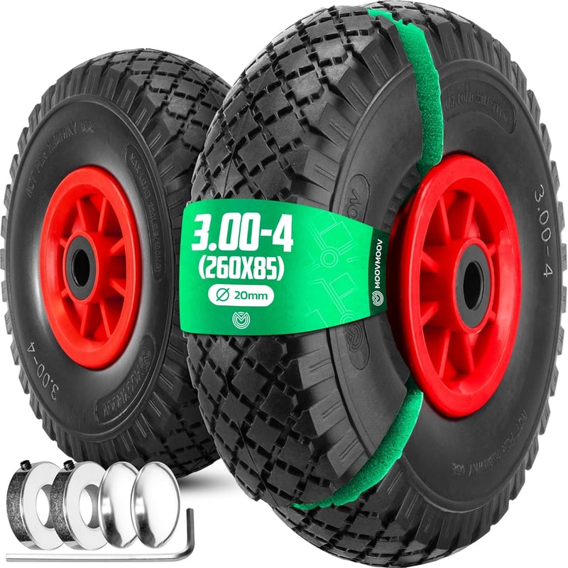 MOOVMOOV Törhetetlén Molnárkocsi Kerék Szett 3.00-4 (260x85mm) - 20mm Furattal - PVC Felnis Tömör Gumi - Rögzítőgyűrűkkel és Zárókupakokkal