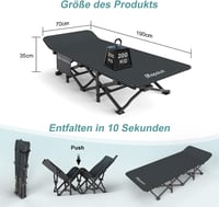 Mopaicot Furn Összecsukható Kemping Ágy 200 kg Teherbírással - Széles Vendégágy Kültéri Használatra, Szerelés Nélkül, 190x70x35 cm, Fekete 4
