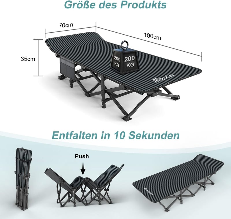 Mopaicot Furn Összecsukható Kemping Ágy 200 kg Teherbírással - Széles Vendégágy Kültéri Használatra, Szerelés Nélkül, 190x70x35 cm, Fekete