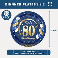 MORAINJAY 80. Születésnapi Papírtányér Szett - 16 db Kék-Arany Mintás, 23 cm, Lufi és Csillám Dizájn, Egyszer Használatos Parti Kellék 2