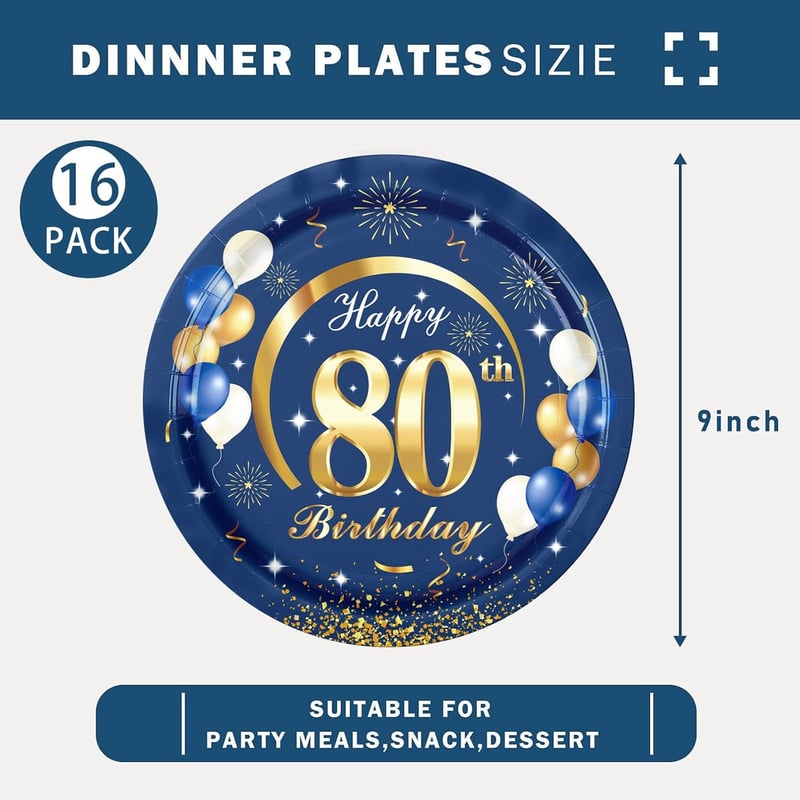 MORAINJAY 80. Születésnapi Papírtányér Szett - 16 db Kék-Arany Mintás, 23 cm, Lufi és Csillám Dizájn, Egyszer Használatos Parti Kellék