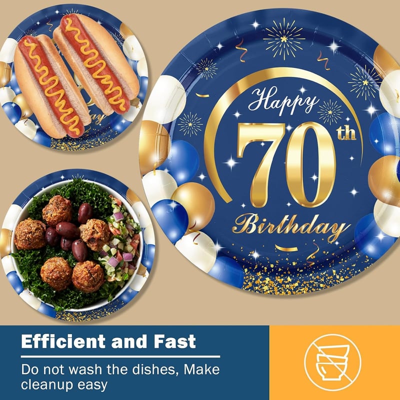 MORAINJAY Kék-Arany Papírtányér Szett 70. Születésnapra - 16 db Kerek Tányér Férfiaknak és Nőknek, 18 cm-es Egyszer Használatos Party Kellék