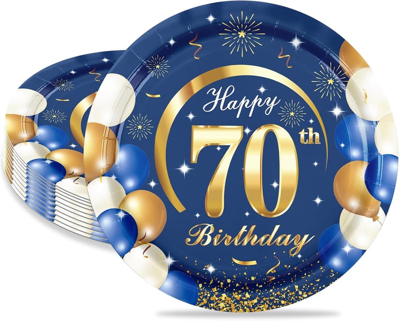 MORAINJAY Kék-Arany Papírtányér Szett 70. Születésnapra - 16 db Kerek Tányér Férfiaknak és Nőknek, 18 cm-es Egyszer Használatos Party Kellék