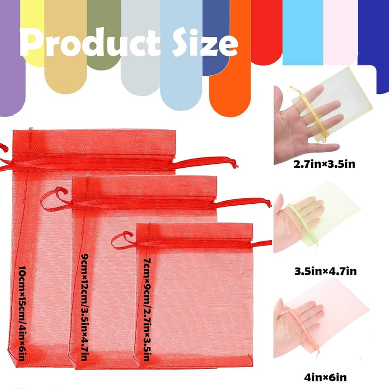 MORAINJAY Organza Ajándéktasak 100 db - Piros, 9x12 cm, Átlátszó Zsinóros Tasak Ékszerekhez, Esküvői Édességekhez, Karácsonyi Ajándékokhoz
