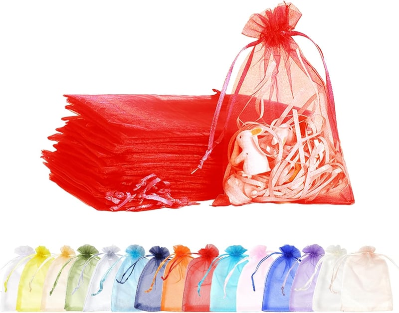MORAINJAY Organza Ajándéktasak 100 db - Piros, 9x12 cm, Átlátszó Zsinóros Tasak Ékszerekhez, Esküvői Édességekhez, Karácsonyi Ajándékokhoz