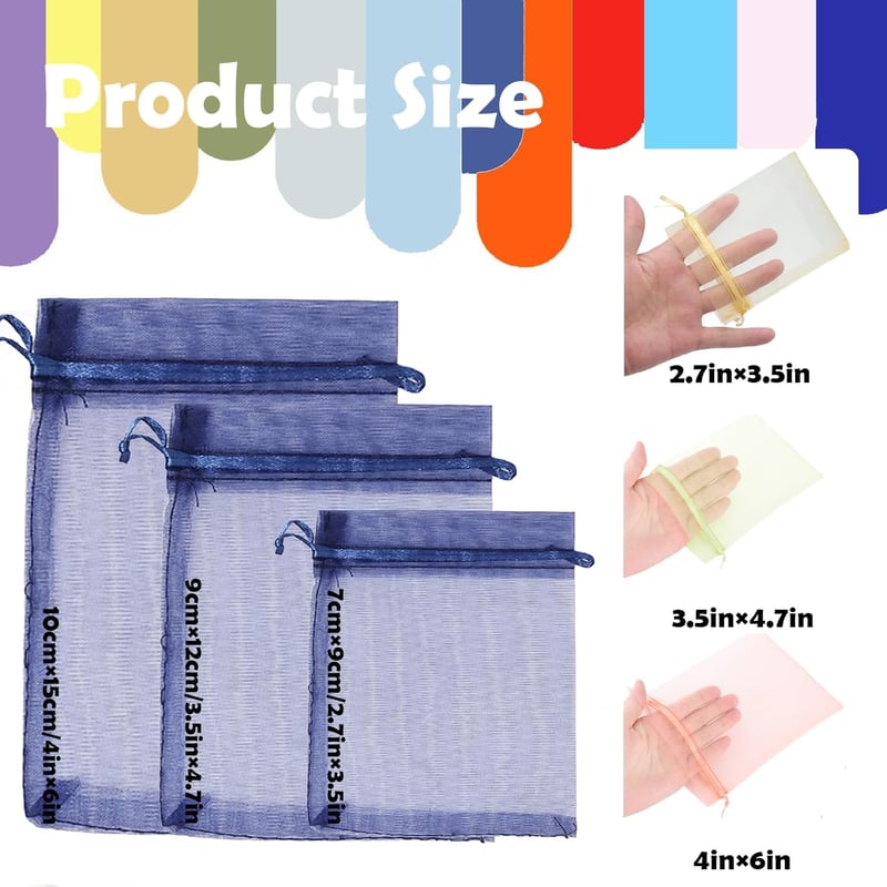 MORAINJAY Organza Ajándéktasak Szett - 100 db Sötétkék Tasak Zsinórral 9x12 cm - Esküvői, Ékszer, Levendula Tárolásra - Újrahasználható Mini