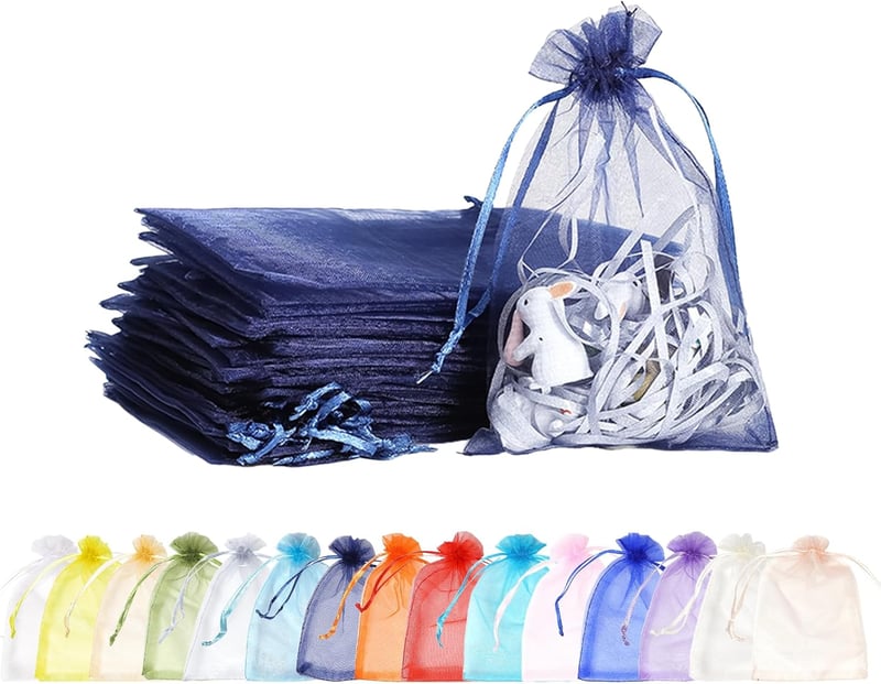 MORAINJAY Organza Ajándéktasak Szett - 100 db Sötétkék Tasak Zsinórral 9x12 cm - Esküvői, Ékszer, Levendula Tárolásra - Újrahasználható Mini