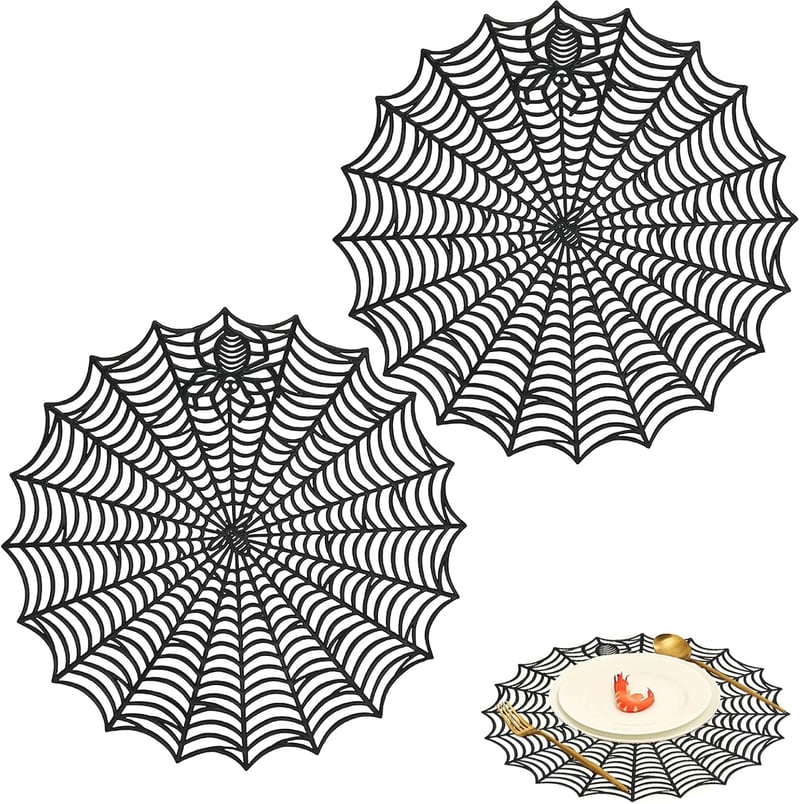 MORAINJAY Pók Mintás Tányéralátét Szett - 2 db PVC Alátét Halloween Dekorációhoz, Mosható, Hőálló, 38 cm, Csúszásgátló, Kerek Asztalterítő