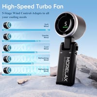 Mini ventilator portabil Morelax Turbo, 5 viteze cu afișaj LED, 4000 mAh, reîncărcabil prin USB, negru, pentru activități în aer liber, călătorii 6
