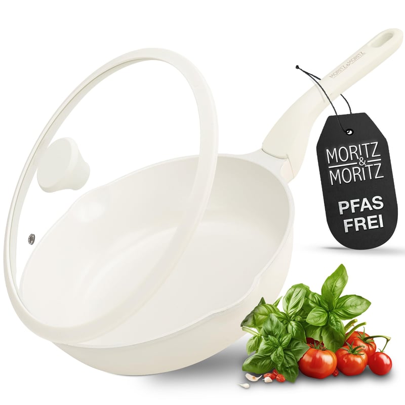 Keramická panvica Moritz & Moritz s pokrievkou 26 cm – bez PFAS, PFOA a PTFE – Nepriľnavá panvica na vyprážanie – Na všetky typy sporákov – Béžová
