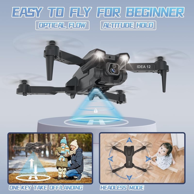 morlyrctooy IDEA12 Drón HD Kamerával Összecsukható FPV Quadcopter Kezdőknek 2 Akkumulátor