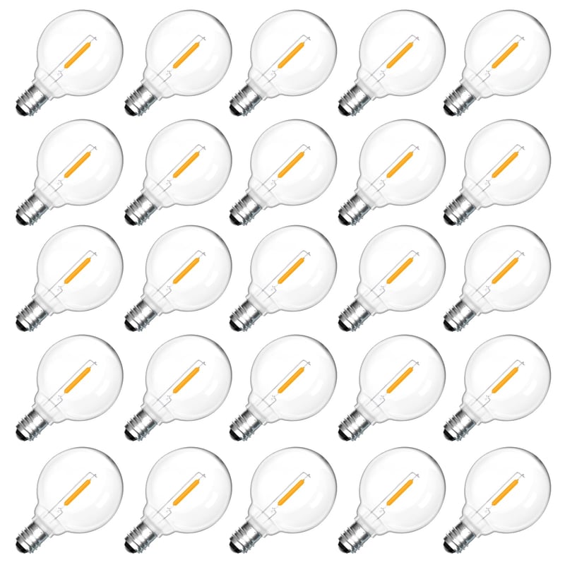 Set 25 Becuri LED Morotty G40 E12, 1W 2700K Alb Cald, Filament Globe Transparent, Rezistent la Apă IP54, 230V, pentru Grădină, Terasă, Balcon, Petrecere