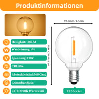 Set 25 Becuri LED Morotty G40 E12, 1W 2700K Alb Cald, Filament Globe Transparent, Rezistent la Apă IP54, 230V, pentru Grădină, Terasă, Balcon, Petrecere 2