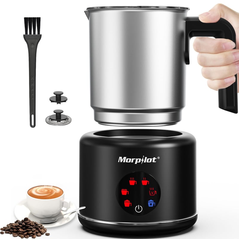 Morpilot 6-u-1 električni pjenilica za mlijeko, 130-500 ml, 600 W, neprianjajući premaz, dizajn za latte, perivo u perilici posuđa, nehrđajući čelik, crna