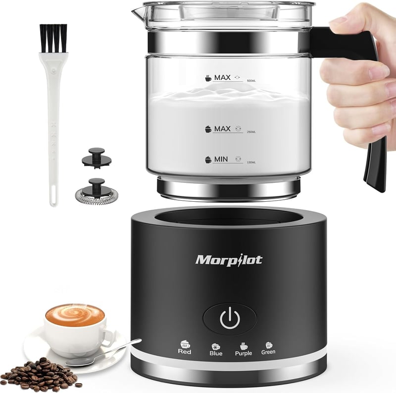 Aparat de spumat lapte electric Morpilot 600W, 130-500 ml, 4 în 1 pentru lapte cald și rece, compatibil cu mașina de spălat vase, design Latte, recipient din sticlă, negru
