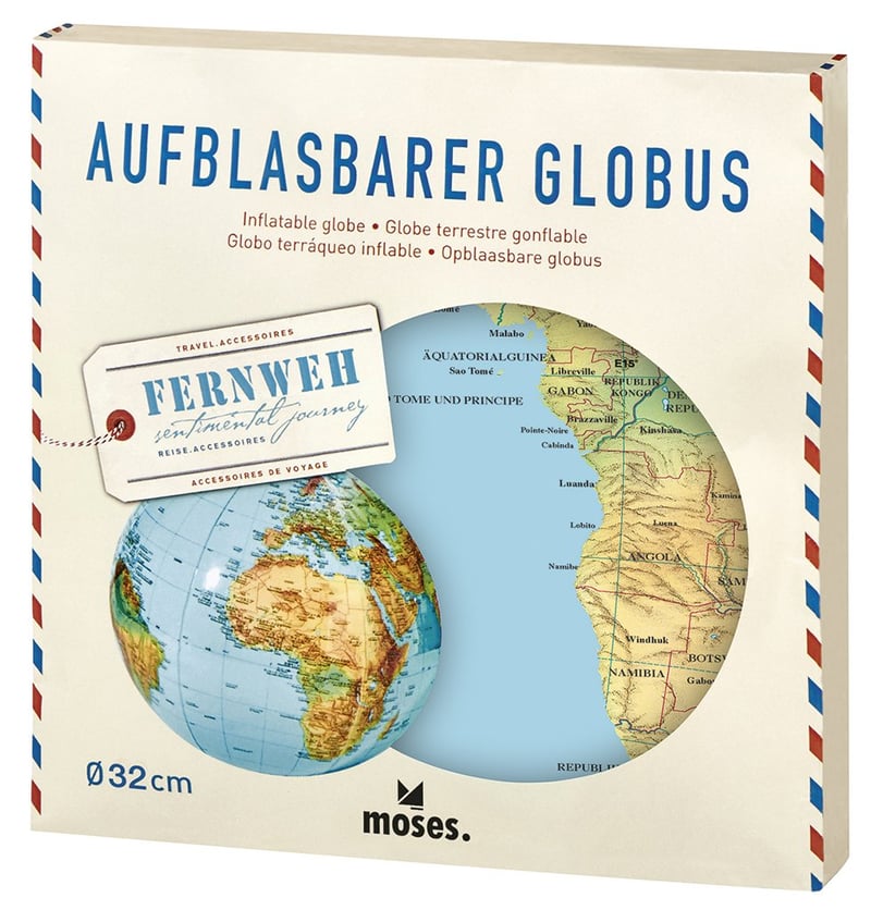 Nafukovací glóbus so svetovou mapou Moses Fernweh, modrý - dekoratívna a náučná hračka pre deti