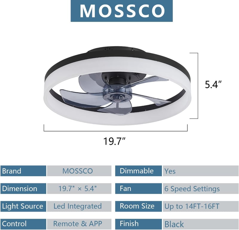 MOSSCO LED Mennyezeti Ventilátor Távirányítóval, Dimmelhető, 3 Szín, 6 Fokozat, 50cm
