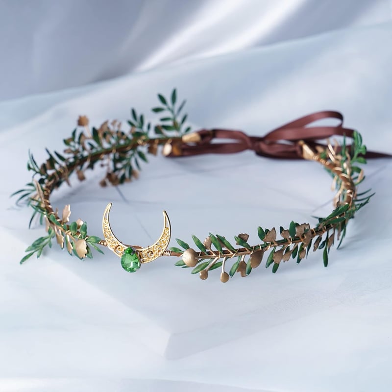 MOSTORY Kézműves Tündér Korona Elf Tiara Arany Zöld Holdas Fejdísz Jelmez Cosplay Reneszánsz Bálhoz