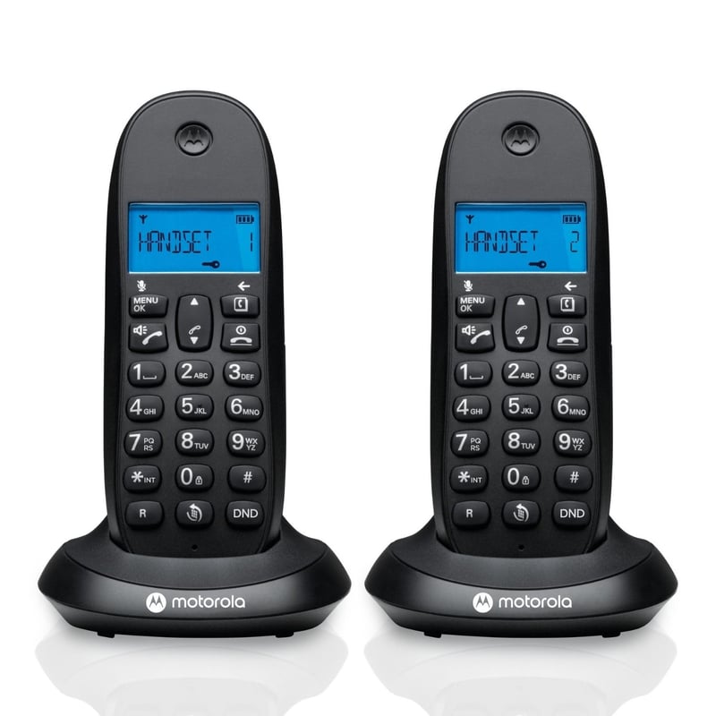 Set telefon fără fir digital DECT Motorola C1002CB+ – 2 unități, blocare apeluri, identificare apelant, difuzor, agendă cu 50 de numere – Negru