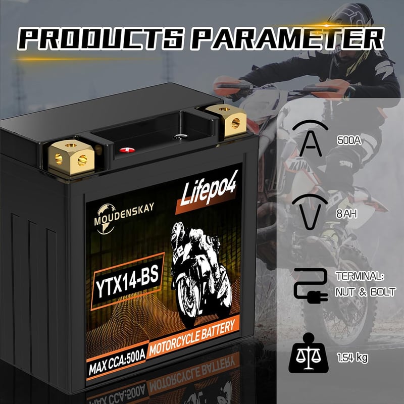 MOUDENSKAY 12V Lítium Motorkerékpár Akkumulátor LiFePO4 BMS-sel, 8Ah 500CCA