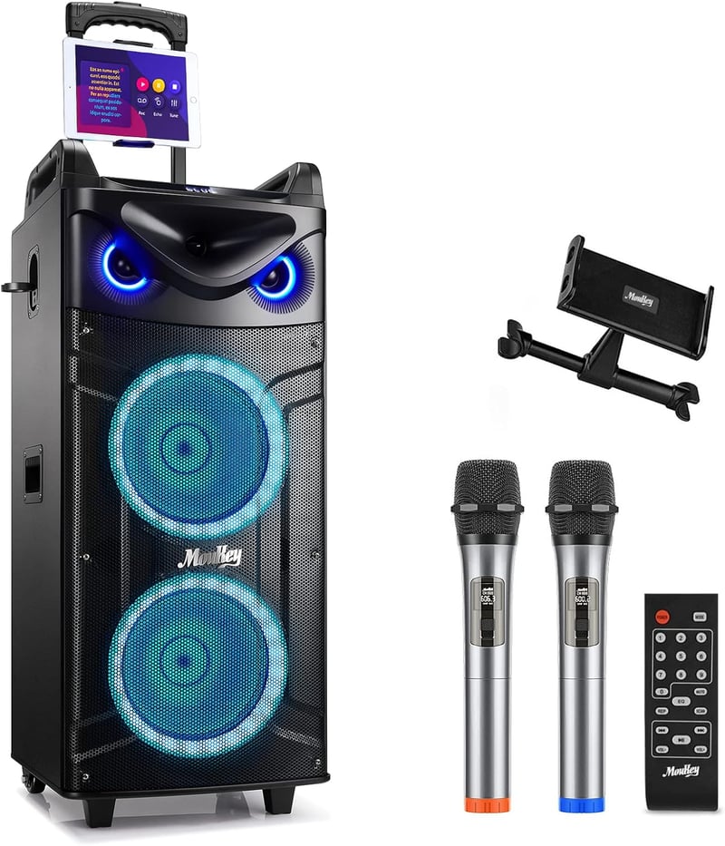 Moukey MK3024 Karaoke Rendszer 2x26cm Mélynyomóval, Bluetooth Hangszóró Fényeffektekkel, 2 Mikrofonnal, Újratölthető Akkumulátorral, TWS/USB