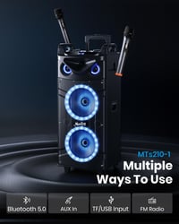 Moukey MK3024 Karaoke Rendszer 2x26cm Mélynyomóval, Bluetooth Hangszóró Fényeffektekkel, 2 Mikrofonnal, Újratölthető Akkumulátorral, TWS/USB 4