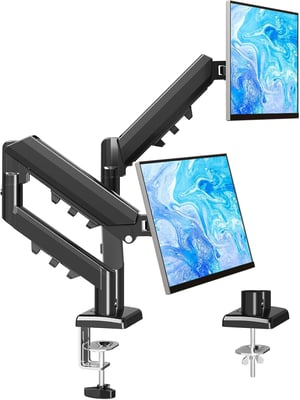 Suport de birou MOUNTUP pentru două monitoare de 13-32 inchi, 2-9 kg, înălțime reglabilă, înclinare, rotire, pivotare, VESA 75 100, EU8014B