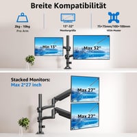 Držiak na dva monitory MOUNTUP EU6016B na stôl pre 2 monitory do 32 palcov, plynová pružina, sklopný a otočný, výška 675 mm, uchytenie pomocou C-svorky a priechodky 2