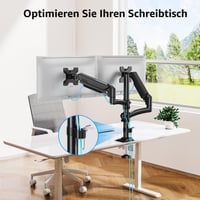 Držiak na dva monitory MOUNTUP EU6016B na stôl pre 2 monitory do 32 palcov, plynová pružina, sklopný a otočný, výška 675 mm, uchytenie pomocou C-svorky a priechodky 6
