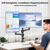Držiak na dva monitory MOUNTUP EU6016B na stôl pre 2 monitory do 32 palcov, plynová pružina, sklopný a otočný, výška 675 mm, uchytenie pomocou C-svorky a priechodky 8