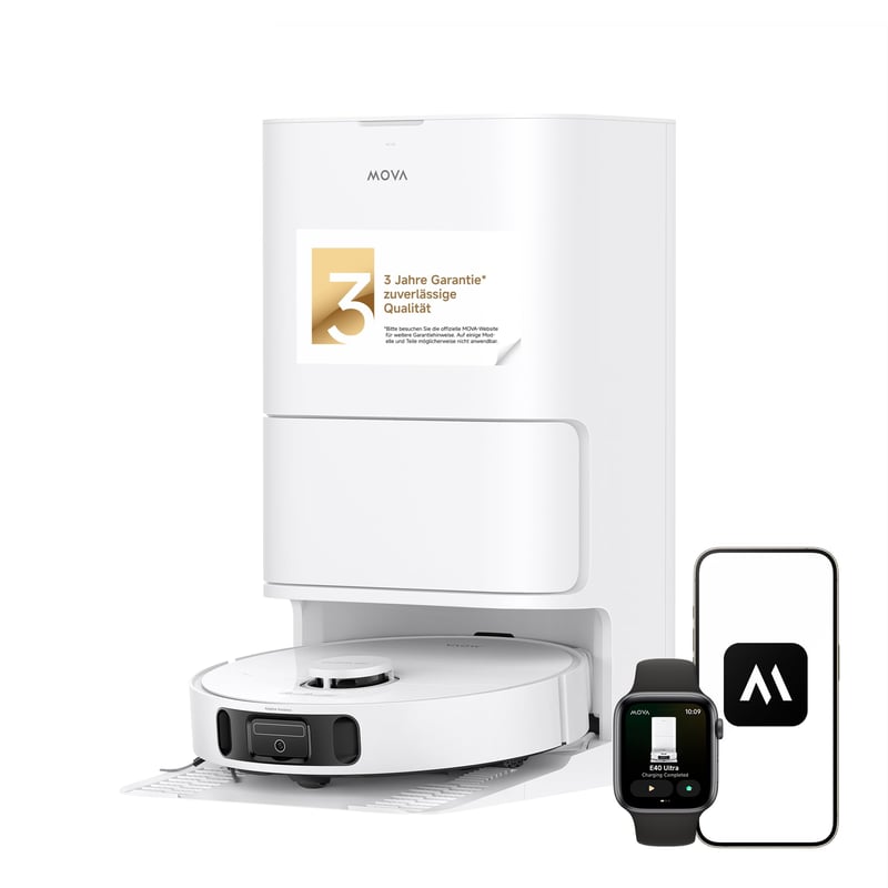 Robotický vysávač Mova E40 Ultra s funkciou mopovania, 19 000 Pa, automatické vyprázdňovanie, mopovacia hlavica MaxiReach, 80 ml nádržka na vodu, stanica typu všetko v jednom,