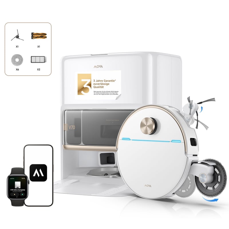 Robot aspirator Mova V70 Ultra Complete X, perie laterală dublă extensibilă și mop MaxiReachX, putere de aspirare 40.000 Pa, presiune 15N, 300 RPM, înălțime 9 cm