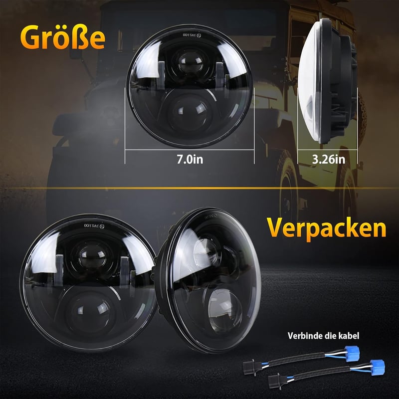 MOVOTOR 7 Inch LED Fényszóró Fehér 7200 lm Jeep Wrangler Defender Nappali Menetfény