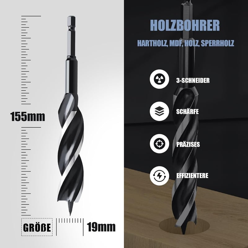 MOXPIFY fa spirálfúró 19 x 155 mm központi csúccsal E 9.5 tokmányszár puha és kemény fához