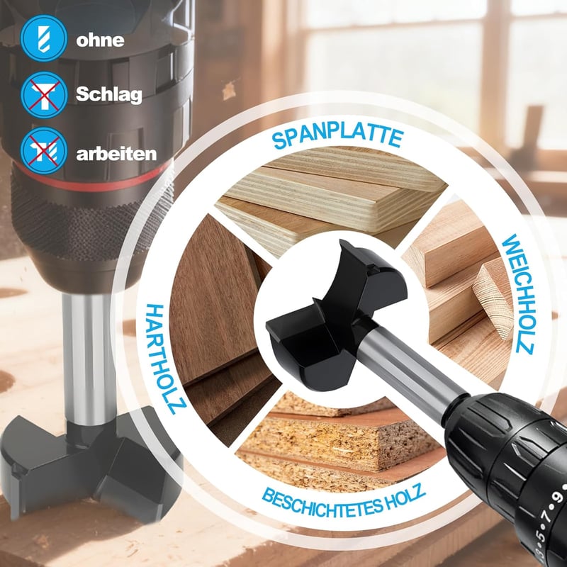 MOXPIFY Forstner fúrófej 60 mm, 93 mm hossz, hatszárú befogással fa mély furatáshoz puha és kemény fához