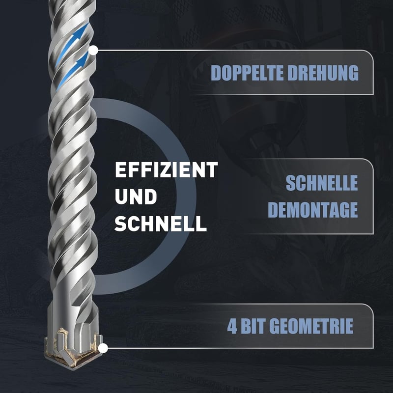 MOXPIFY SDS Plus betonfúró szár 12 x 360 mm, 4 keményfém vágóélű dupla spirál kő beton és természetes kő ütvefúróhoz