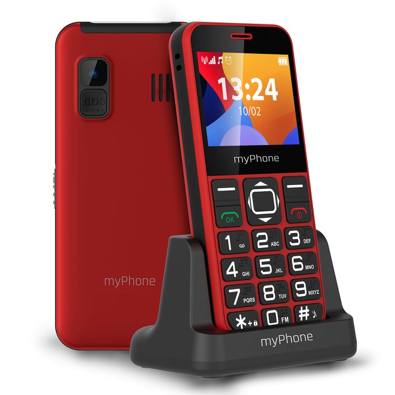 Mobilný telefón pre seniorov myPhone Halo 3 v červenej farbe, s veľkými tlačidlami, SOS tlačidlom, funkciou Bluetooth a nabíjacím stojanom