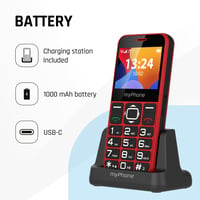 Mobilný telefón pre seniorov myPhone Halo 3 v červenej farbe, s veľkými tlačidlami, SOS tlačidlom, funkciou Bluetooth a nabíjacím stojanom 2