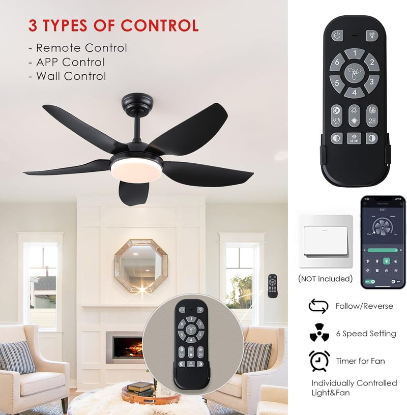 Mpayel 117 cm Mennyezeti Ventilátor Távirányítóval, 5 Lapáttal, 6 Fokozat, Dimmelhető, Fekete