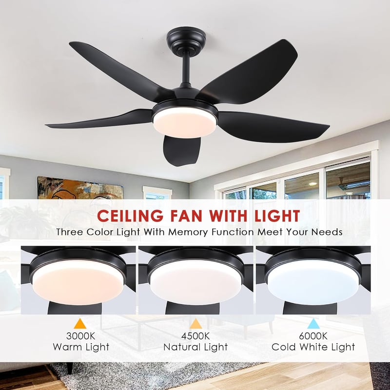 Mpayel 117 cm Mennyezeti Ventilátor Távirányítóval, 5 Lapáttal, 6 Fokozat, Dimmelhető, Fekete